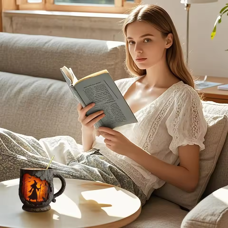 Tasse d'Halloween tridimensionnelle faite à la main – Design de sorcière et chat