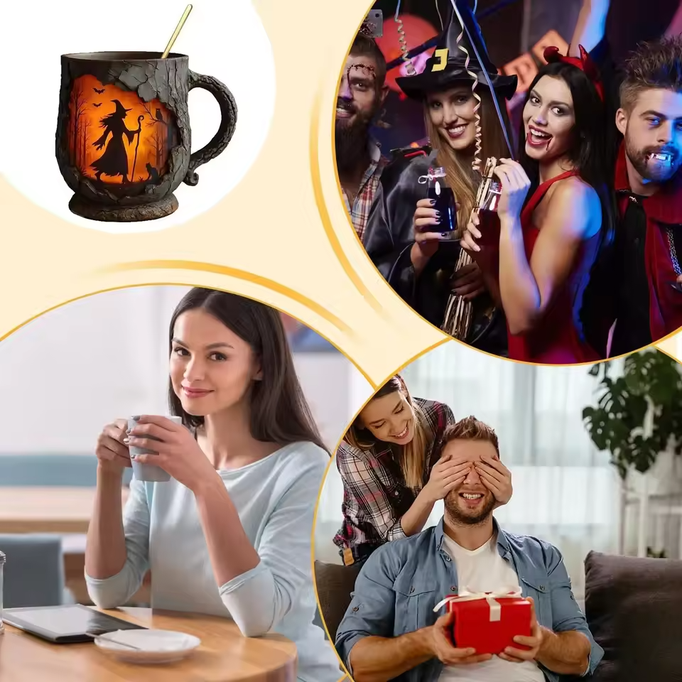 Tasse d'Halloween tridimensionnelle faite à la main – Design de sorcière et chat