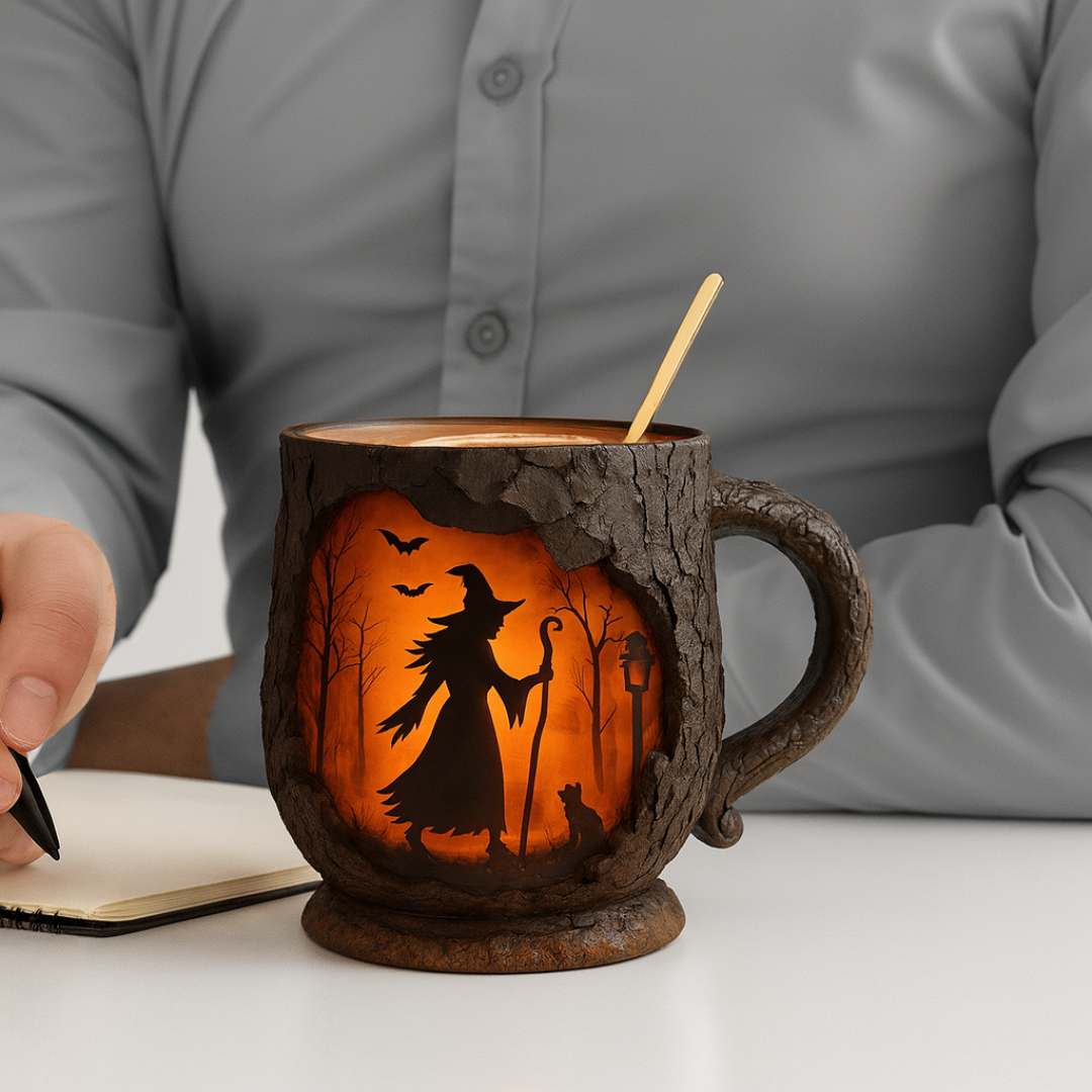 Tasse d'Halloween tridimensionnelle faite à la main – Design de sorcière et chat